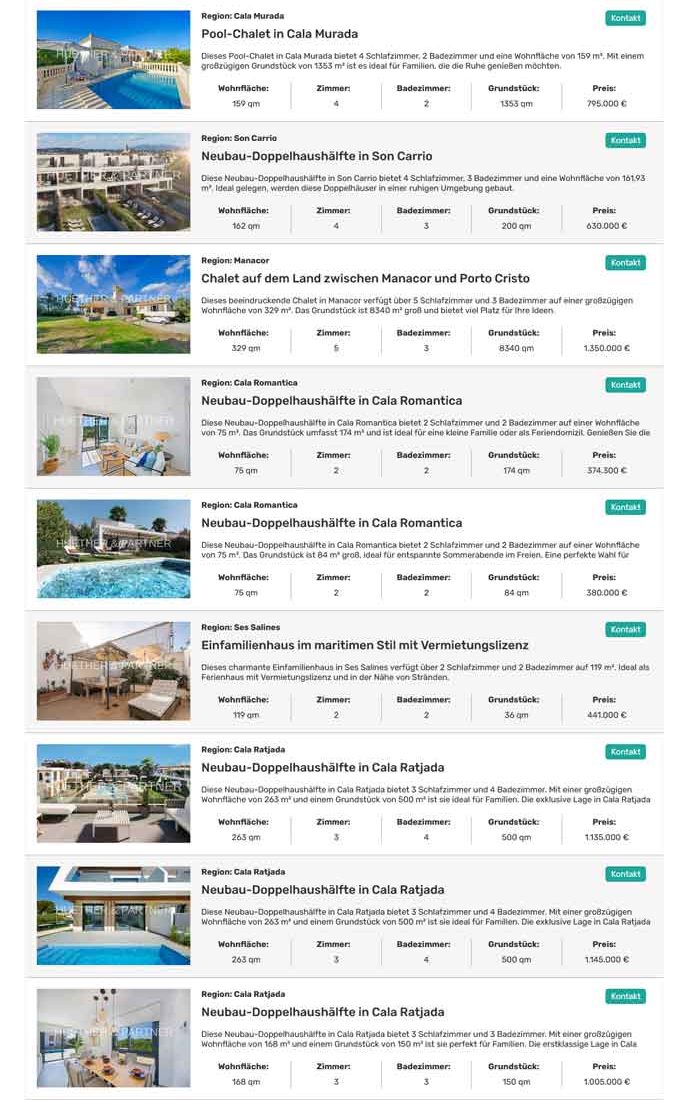 Immobilienliste mit Vorschlägen